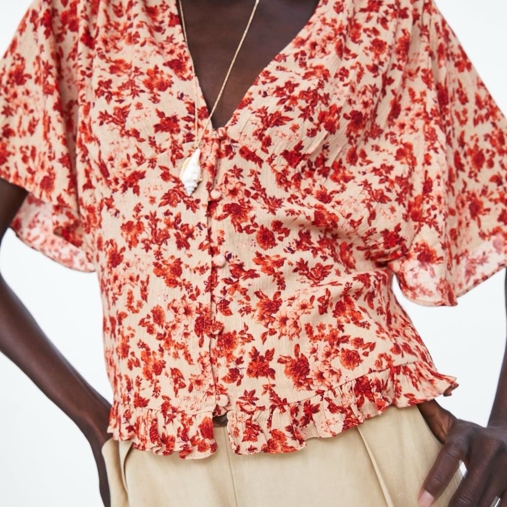 Floral V-Neck Blouse - Red